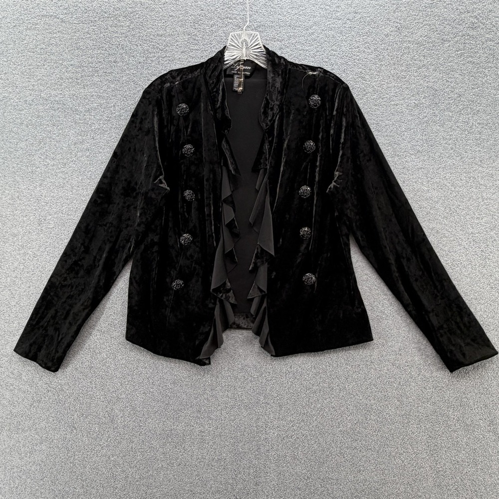 Frank Lyman Jacket Women 12 Black Velvet Button Tuxedo Military Open Draped